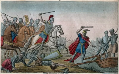 Chlodio, bijgenaamd "de Langharige" (428-448), voorvader van de Merovingers en leider van de Salische Franken. Chlodio werd verslagen door Aëtius, generaal van Valentinianus III, die hem dwong de Rijn opnieuw over te steken. Getekend en gegraveerd door