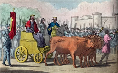 Clovis III (overleden 695), Merovingische dynastie, koning van Austrasië van 691 tot 695. Pepijn van Herstal plaatst de kroon op het hoofd van Clovis III - Getekend en gegraveerd door Ambroise Tardieu in 1825