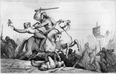 Graaf Eudes verdedigt Parijs tegen de Noormannen in 885 - Eudes (Odon), Karolingische dynastie, leidt de strijd tegen de Noormannen en verdedigt Parijs succesvol (885 - 887) - Gravure van 1825 in Histoire de France