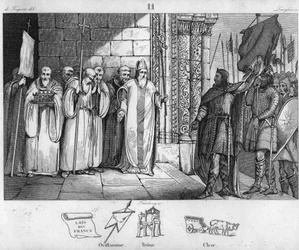 Dagobert 603 tot 639 haalt de banier neer bij St Denis - Dagobert I, koning van de Franken, die de abdij van Saint-Denis heeft gesticht, laat daar rond 634 de oriflamme neerleggen - Gravure van 1825 in 