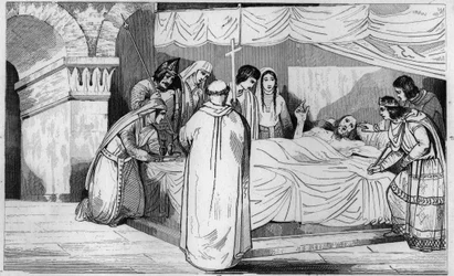 Dood van Pepijn van Herstal (635-714) omringd door zijn familie - Dood van Pepijn van Herstal (grootvader van Pepijn de Korte), omringd door zijn familie en in aanwezigheid van Dagobert III (in 714) - Gravure 1825 in 