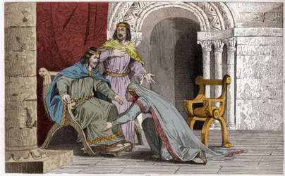 Emme kust de knie van haar echtgenoot Raoul (d936) als erkenning van zijn soevereiniteit - Emma van Frankrijk (894-934) kust de knieën van haar echtgenoot Raoul (ca. 890-936) die zij als koning koos tijdens de gevangenschap van Karel III de Eenvoudige - Gr