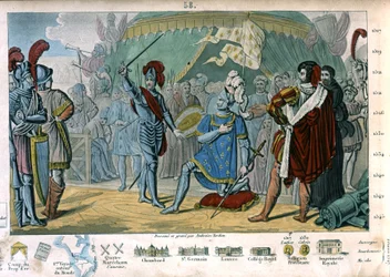 Frans I van Frankrijk vraagt om geridderd te worden door de Chevalier Bayard na de overwinning in de Slag bij Marignano, Italië