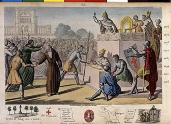 God wil het: op het Concilie van Clermont (tegenwoordig Clermont-Ferrand, Auvergne), predikt Peter de Kluizenaar de eerste kruistocht voor paus Urbanus II