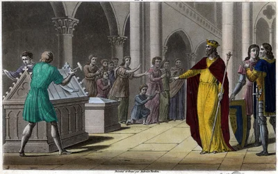 Grimoald, zoon van Pepijn de Oudere, burgemeester van het paleis van Austrasië (642) onder Sigebert III. Ontworpen en gegraveerd door Ambroise Tardieu in 1825