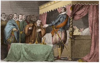 Hendrik III (1551-1589), koning van Frankrijk, erkent op zijn sterfbed Hendrik van Navarra (Hendrik IV) als zijn legitieme opvolger - Saint-Cloud, 2 augustus
