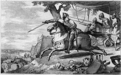 Lothair (941-986) leidt zijn leger in de strijd (Aken) - Lothaire (941-986), Dynastie van de Merovingen - Hij vocht tegen de Duitse keizer Otto I en de verrassingsaanval in Aken - Gravure uit 1825 in 