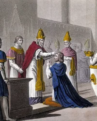 Louis II werd voor de tweede keer gewijd op het Concilie van Troyes door Johannes VIII in 879 (detail). Ontworpen en gegraveerd door Ambroise Tardieu in 1825.