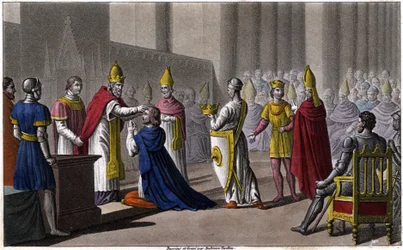 Lodewijk II werd voor de tweede keer ingewijd op het Concilie van Troyes door Johannes VIII in 879. Ontworpen en gegraveerd door Ambroise Tardieu in 1825.