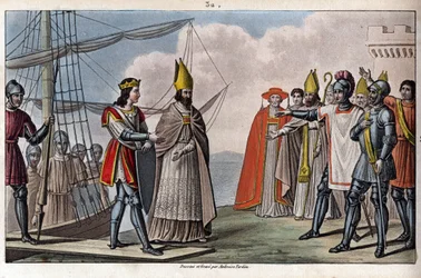 Lodewijk IV van Overzee (921-954), Karolingische dynastie. Hij werd teruggebracht van Engeland naar Frankrijk door Guillaume, Aartsbisschop van Sens, om onder de voogdij van Hugues de Grote te herwinnen. - Getekend en gegraveerd door Ambroise Tardieu in 18