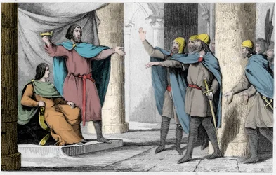 Lodewijk V de Luie toont zijn kroon aan zijn volgelingen in 986 - Lodewijk V de Luie (c. 967-987), uitgeroepen tot koning van Frankrijk door de bescherming van Hugues Capet, die koning van Frankrijk werd, in 986 - Gravure uit 1825 in 