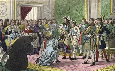 Lodewijk XIV (1638-1715), omringd door zijn familie en de belangrijkste figuren van het hof, presenteert zijn kleinzoon Filips V aan de gezanten van Spanje als hun nieuwe koning in 1700. - Ontworpen en gegraveerd door Ambroise Tardieu in 1825
