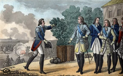 Louis XV (1710-1774). De koning en de dauphin wonen de Slag bij Fontenoy bij, die zeer belangrijk was voor de uitkomst van de Oostenrijkse Successieoorlog. De maarschalk van Saksen won de Slag bij Fontenoy in 1748. - Ontworpen en gegraveerd door Ambroise T