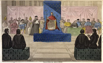 Filips IV brengt de Staten-Generaal bijeen in het Louvre, bestaande uit geestelijkheid, adel en prominente bourgeois of derde stand die voor het eerst werd toegelaten in 1301 - Ontworpen en gegraveerd door Ambroise Tardieu in 1825.