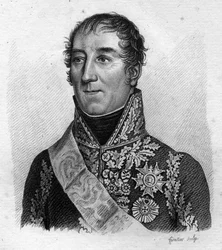Portret van Maarschalk Mortier. Adolphe Edouard Casimir Joseph Mortier, Hertog van Treviso, Franse maarschalk en politicus (1768 - 1835) in “Portretten van de Franse generaals na de overwinningen en veroveringen van de Fransen”. Gegraveerd door Ambroise Ta