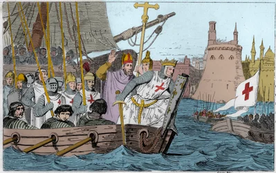 Zevende Kruistocht: koning Lodewijk de Heilige (1214-1270) en de kruisvaarders belegeren Damietta in juni 1249 in Neder-Egypte - Zevende Kruistocht naar het Heilige Land 1248-50 - Lodewijk IX de Heilige (1214-70) voert zijn troepen aan in de strijd