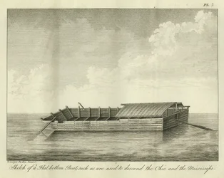 Schets van een Platte Bodemboot, zoals gebruikt om de Ohio en de Mississippi af te dalen, gepubliceerd in 1826