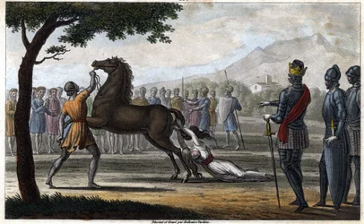 De dood van koningin Brunhilda van Austrasië, een Visigotische prinses, gehuwd met koning Sigebert I van Austrasië - Dood van Brunehaut (of Brunehilde), bevolen door Chlothar II (613). Tekening en gravure door Ambroise Tardieu, 1825.