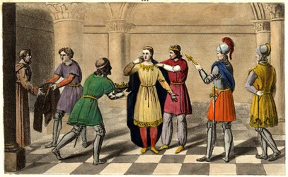 Thierry III wordt van de abdij van Saint Denis gehaald om de troon te bestijgen. Ontworpen en gegraveerd door Ambroise Tardieu in 1825