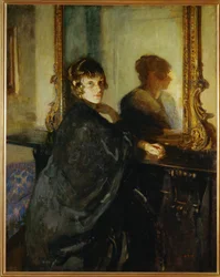 De vrouw van de schilder, Mary Spencer-Edwards, zelf schilder, in het appartement van het echtpaar in Londen (schilderij op doek)