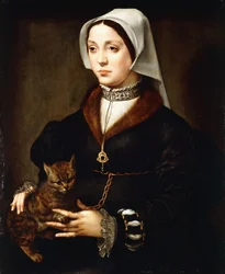 Portret van een dame, ten voeten uit driekwart, in donker kostuum, met een kat in haar handen