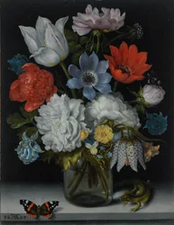 Dutch: Bloemen in een glazen fles op een stenen plint, met een vlinder en een hagedis A Still Life of Flowers in a Glass Flask on a Marble Ledge, Flanked by a Red Admiral Butterfly and a Lizard