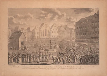 De kroningsstoet van Frans II van de Dom van Frankfurt naar de Römerberg in juli 1792