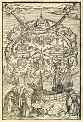 Kaart van het Nieuwe Eiland Utopia uit een uitgave uit 1518 van Utopia van Sir Thomas More (1478-1535), voor het eerst gepubliceerd in 1516. Houtsnede van Ambrosius Holbein (ca. 1494-ca. 1519) met het eiland en de hoofdpersonen