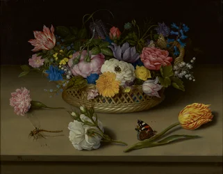 Een stilleven van bloemen, een libel en een atalanta