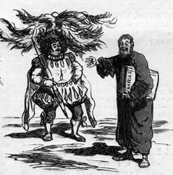 Vreugde van Rabelais bij het zien hoe Gustave Dore zich volledig identificeert met de mannen uit zijn geschriften. Cartoon van Cham. Gravure in 