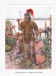 Een hulptroep bij een veerboot aan de Tyne, illustratie uit De Romeinse Soldaat, 1928