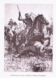 Hulptroepen cavalerie die Duitse stammen aanvallen, illustratie uit De Romeinse Soldaat, 1928