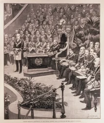 Grote vrijmetselaarsbijeenkomst in de Royal Albert Hall ter ere van het jubileum van de koningin, uit 