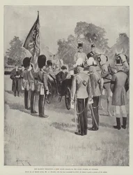 Hare Majesteit presenteert een nieuwe staatskleur aan de Scots Guards in Windsor