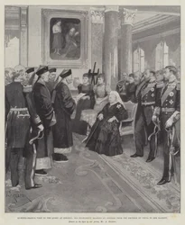 Bezoek van Li-Hung-Chang aan de koningin in Osborne, Zijne Excellentie leest een adres van de keizer van China aan Hare Majesteit