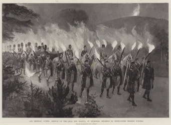 Onze keizerlijke gasten, aankomst van de tsaar en tsarina in Balmoral, begeleid door Highlanders met fakkels
