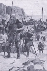 De Vikingen ontdekken Amerika, uit Mijn Tijdschrift, uitgegeven 1922 (litho)