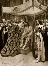 De zalving van Karel I door George Abbot, aartsbisschop van Canterbury, in Westminster Abbey, op Maria-Lichtmis, 1626