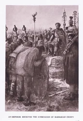 De keizer ontvangt de onderwerping van barbaarse stamhoofden, illustratie uit De Romeinse Soldaat, 1928