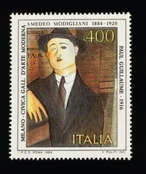 Postzegel uit de Italiaanse kunstserie ter ere van Amedeo Modigliani (1884-1920), met afbeelding van Portret van Paul Guillaume (1916), 400-lire zegel