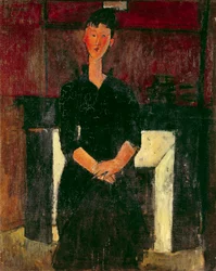 Portret van een meisje voor de schoorsteen