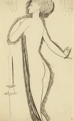 Staand vrouwelijk naakt in profiel met brandende kaars, ca. 1911