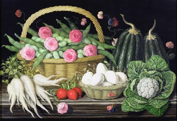 Eieren, tuinbonen en rozen in mand, 1995