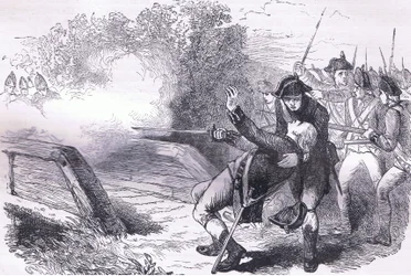 Dood van Isaac Davis, illustratie uit Cassells Geschiedenis van de Verenigde Staten gepubliceerd door Cassell, Petter & Galpin, ca. 1900 (litho)