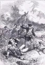 Dood van majoor Pitcairn, illustratie uit Cassells Geschiedenis van de Verenigde Staten gepubliceerd door Cassell, Petter & Galpin, ca. 1900 (litho)