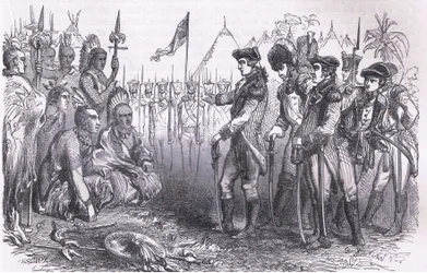Generaal Burgoyne spreekt de indianen toe, illustratie uit Cassells Geschiedenis van de Verenigde Staten gepubliceerd door Cassell, Petter & Galpin, ca. 1900 (litho)