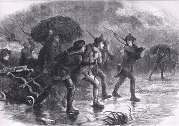 Nachtelijke manoeuvres van de Amerikanen in Boston, illustratie uit Cassells Geschiedenis van de Verenigde Staten gepubliceerd door Cassell, Petter & Galpin, ca. 1900 (litho)