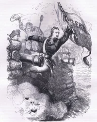 Sergeant Jasper herstelt de vlag, illustratie uit Cassells Geschiedenis van de Verenigde Staten uitgegeven door Cassell, Petter & Galpin, c.1900