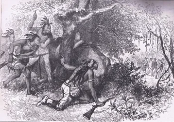 Verraad van de Cherokees 1760, illustratie uit Cassells Geschiedenis van de Verenigde Staten uitgegeven door Cassell, Petter & Galpin, ca. 1900 (litho)