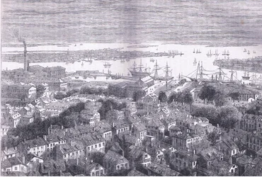 Uitzicht op Boston vanaf Bunkers Hill, illustratie uit Cassells Geschiedenis van de Verenigde Staten gepubliceerd door Cassell, Petter & Galpin, ca. 1900 (litho)